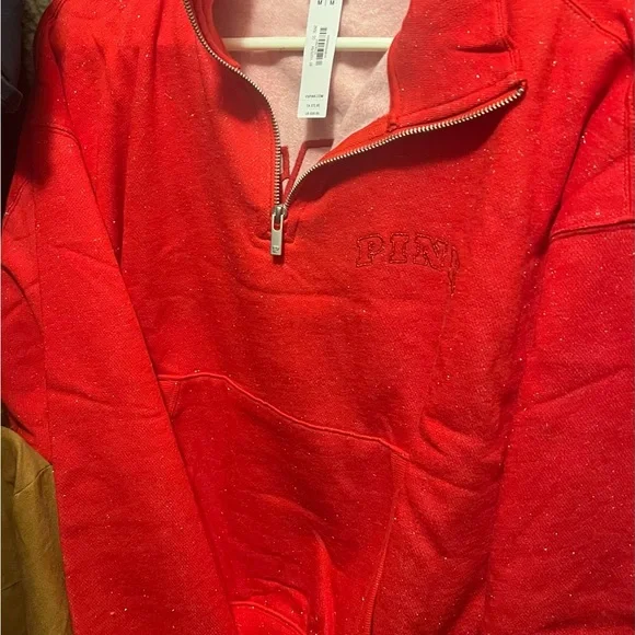 PINK Victoria's Secret Red Speckled Quarter-Zip Hoodie Medium nWT - Picture 3 of 3